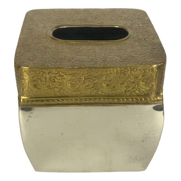 Veratex Tissue Box Cover Square Embossed Brass Chrome Shiny Boho Bathroom Decor